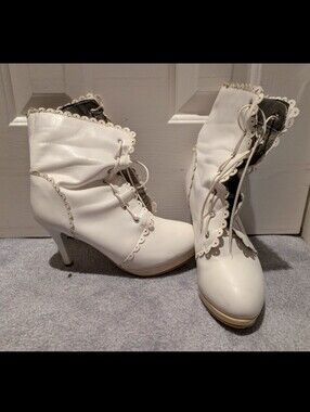 SHEIN White Lace-Up Scalloped High-Heel Ankle Booties